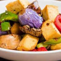Basil's Eggplant · Japanese eggplant & shitake mushroom stir-fried with tofu, scallions, bell peppers, roasted ...