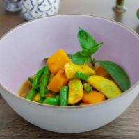 Basil Pumpkin · Kabocha squash, green beans, jalapeno stir-fried with “gari” curry powder