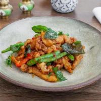 Gai Pik Khing · Fried chicken & green beans, bell peppers, crisped basil, ginger-curry sauce
