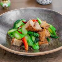 Kana Mu Grob · House cured crisped pork belly, stir-fried with chinese broccoli, bell peppers, garlic-chili...