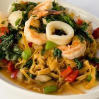Seafood Garlic Noodle · Basil’s seafood garlic noodle of squid, shrimp, scallop, Napa cabbage, chili, fresh basil