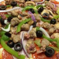 Combination · Red sauce, mozzarella, pepperoni, ham, sausage, mushrooms, black olives, bell peppers, red o...