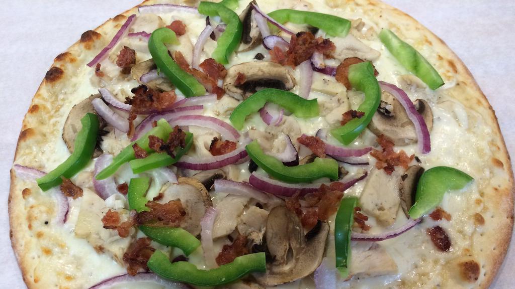 Garlic Chicken & Bacon · Creamy white sauce & garlic, mozzarella, chicken, bacon, mushrooms, red onions, bell peppers, and tomatoes.