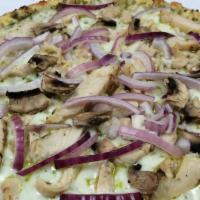Pesto Chicken · Homemade pesto sauce, mozzarella, Halal chicken, mushrooms, and red onions.