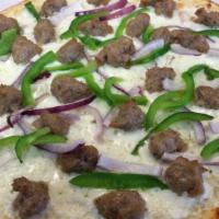 Sausage and Pepper Italian Style · Olive oil and garlic sauce, mozzarella cheese, Italian sausage, red onion and green bell pep...