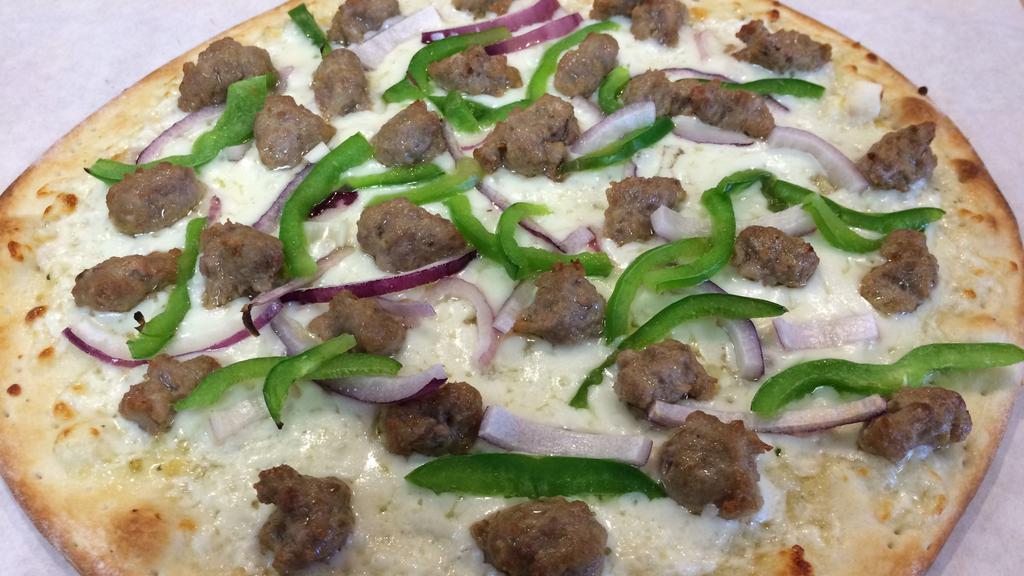 Sausage and Pepper Italian Style · Olive oil and garlic sauce, mozzarella cheese, Italian sausage, red onion and green bell peppers.