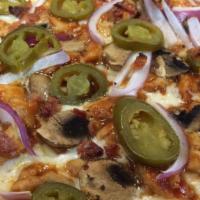 Spicy BBQ Chicken · Red hot sauce, mozzarella, Halal BBQ chicken, mushrooms, red onions, and jalapenos.