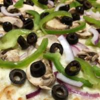 Italian Style Veggie · Olive oil & garlic sauce, mozzarella, mushrooms, black olives, red onions, green bell peppers.