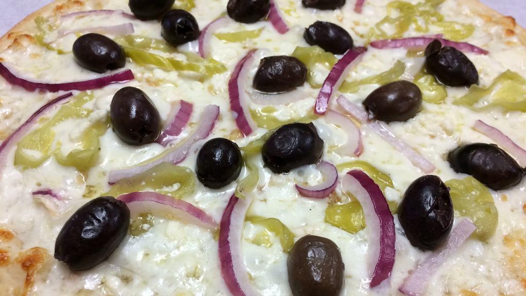 Feta Veggie · Olive oil & garlic sauce, mozzarella, feta cheese, red onions, peperoncini, kalamata olives.