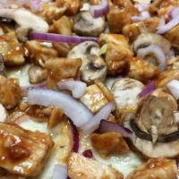 BBQ Chicken · BBQ sauce, mozzarella,  Halal BBQ chicken, mushrooms,  and red onions.
