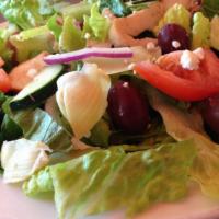 Greek Salad with Chicken · Romaine, feta cheese, kalamata olives, cucumbers, tomatoes, red onions, artichoke hearts, cr...