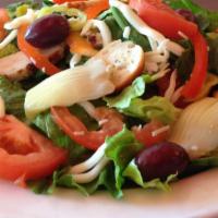 Italian Salad with Chicken · Romaine, red bell peppers, pepperoncinis, kalamata olives, artichoke hearts, tomatoes, mozza...