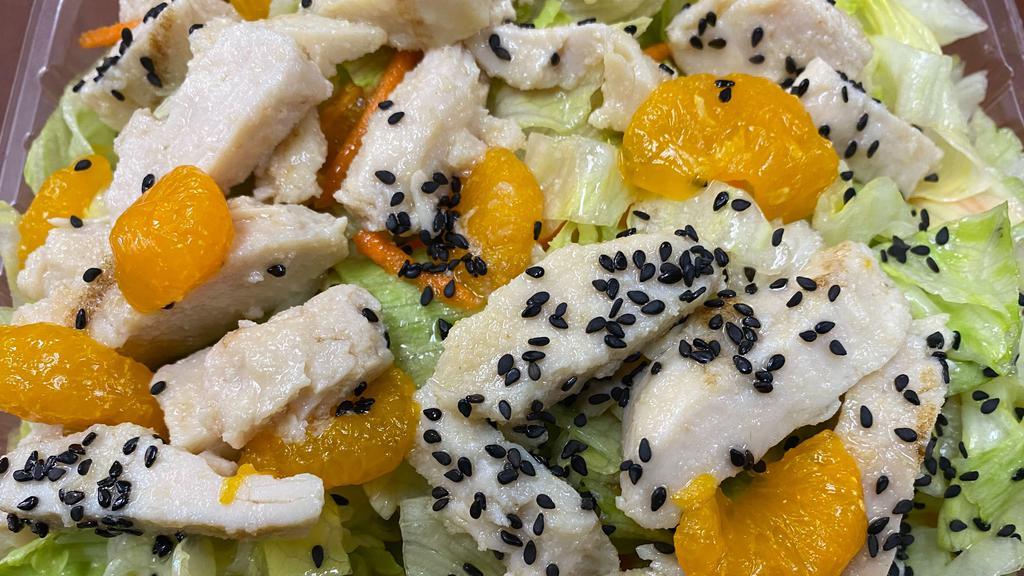 Asian Chicken Salad · Romaine, carrots, red bell peppers, green bell peppers, mandarin oranges, sesame seeds, wonton strips, chicken, Asian dressing.