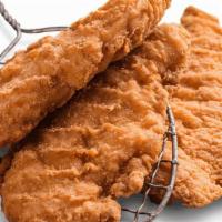 Kids' Hand Breaded Chicken Strips · Tender strips lightly-breaded with cornmeal and flash-fried.. Includes choice of one side.