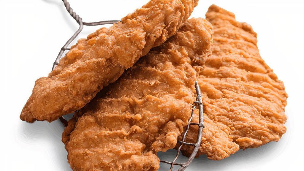 Kids' Hand Breaded Chicken Strips · Tender strips lightly-breaded with cornmeal and flash-fried.. Includes choice of one side.