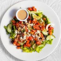 Romaine Dictator Salad · (Vegetarian) Romaine lettuce, cucumbers, tomatoes, red onions, olives, and feta cheese tosse...