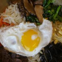 Bibimbap · Not served on hot stone. Bean sprouts, soybean sprouts, radish, rape, mushroom, and carrots ...