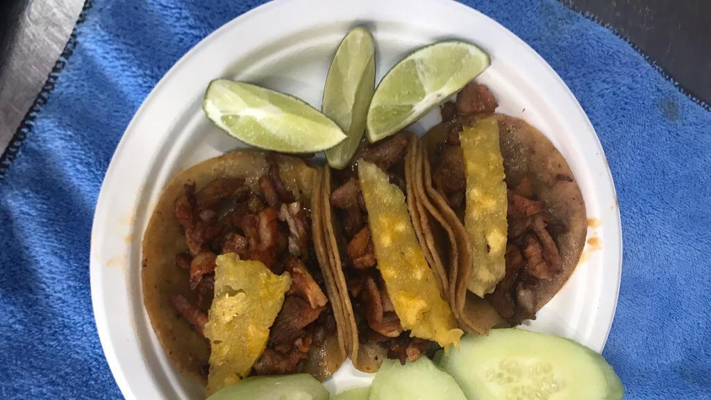 Tacos · Asada, chicken, al pastor, campechanos (tripa y suadero / gut and suadero), marinated pork, chorizo, suadero or cabeza.
