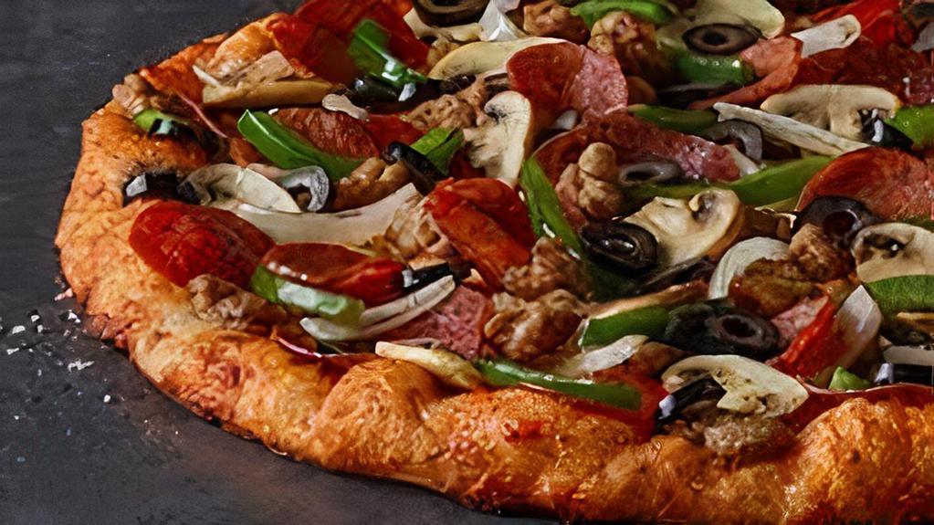 X-Large King Arthur'S Supreme (16 Slices) · 260-320 cal/slice. Crust: Original Crust. A Legendary Combination. Pepperoni, Italian sausage, salami, linguica, mushrooms, green peppers, yellow onions, black olives on zesty red sauce.