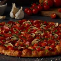 Italian Garlic Supreme Pizza · Pepperoni, Italian sausage, tomatoes, mushrooms, green onions, garlic on creamy garlic sauce.