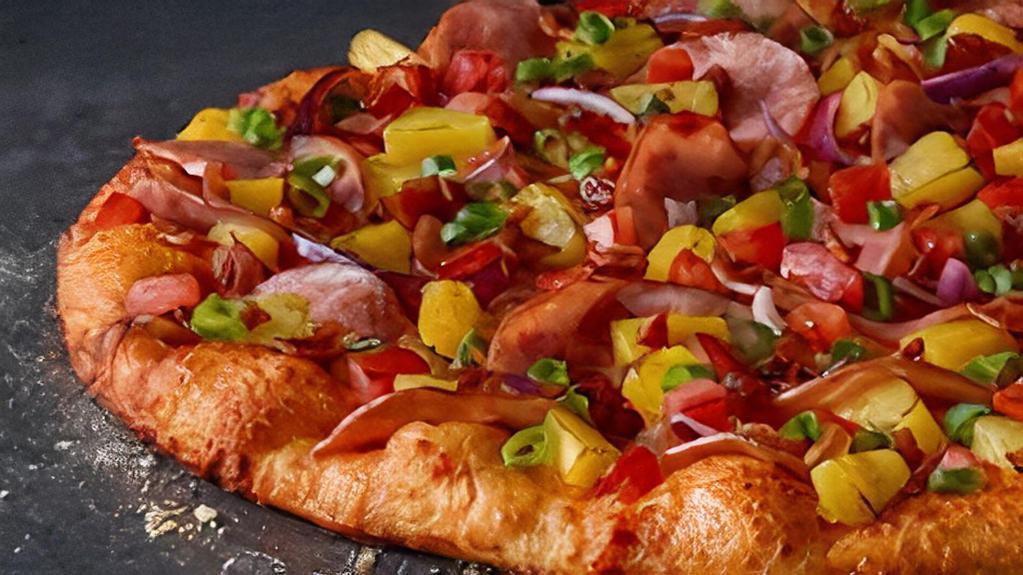 Maui Zaui - X-Large (16 slices) · Ham, mini pepperoni or chicken with bacon, pineapple, tomatoes, and red and green onions on polynesian sauce. 250-340 cal.