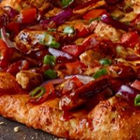 BBQChicken-X-Large(16slices) · Chicken, bacon, cheddar, tomatoes, red, and green onions, on BBQ ranch sauce topped with swe...