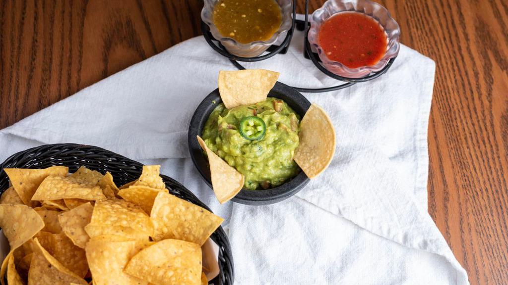 Guacamole Dip · Fresh avocados blended with spices and herbs. Served with tortilla chips.