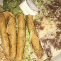 Taquitos · Four crispy beef or chicken taquitos served with guacamole and sour cream.