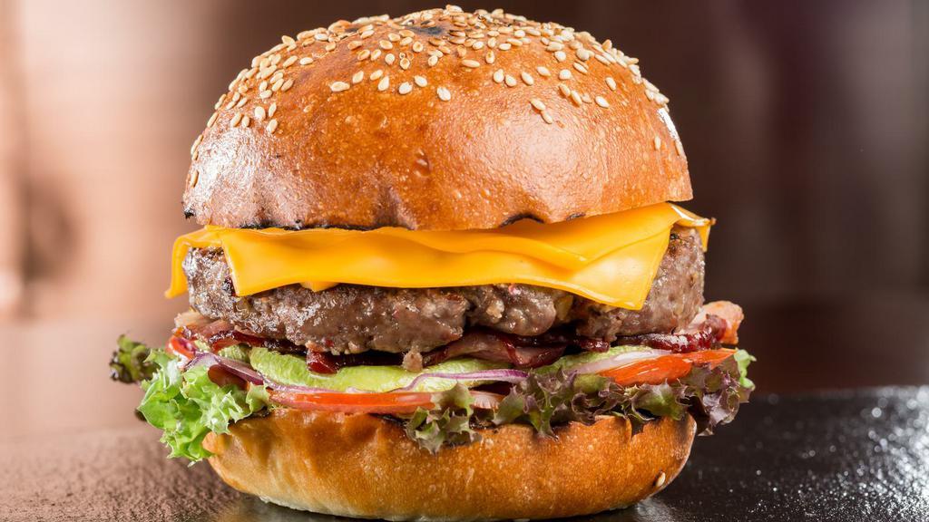 Hamburger with Fries · Ground angus beef with your choice of toppings between soft burger buns and crispy fries.