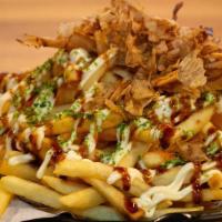 Takoyaki Fries · fries, okonomi sauce, mayo, bonito flakes, seaweed