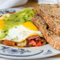 6 Hrs Corned Beef Hash · Homemade corned beef brisket, two eggs any style, onion, potato, bell pepper, fresh salsa ve...