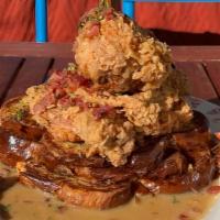 Chicken N Challah French Toast · Buttermilk Fried Chicken, Bacon Bits, and Butterscotch Sauce.