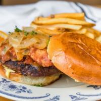 Mymy Burger · Niman Ranch beef, caramelized onion, bacon, aged cheddar, horseradish aioli, lettuce, and Am...