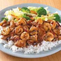 Chicken & Shrimp Teriyaki · Served with steamed rice and mixed vegetables.