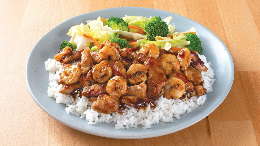 Chicken & Shrimp Teriyaki · Served with steamed rice and mixed vegetables.