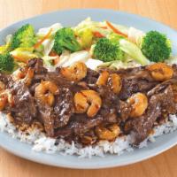 Beef & Shrimp Teriyaki · Served with steamed rice and mixed vegetables.