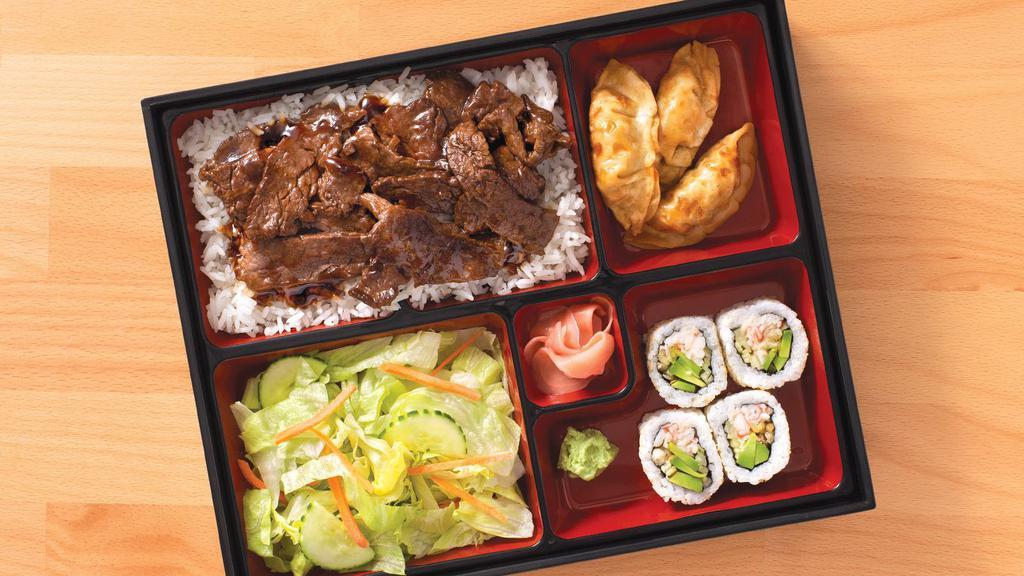 Beef Bento · Served with steamed rice, four pc california roll, three pc dumplings and garden salad. 810 Cal.