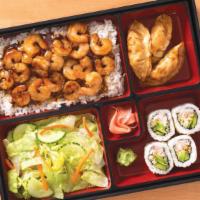 Shrimp Bento · Comes with steamed white rice, garden salad, California Rolls (4), Dumplings (3). Noodles, f...