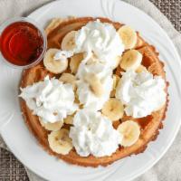 Peanutty Waffle · Topped with peanut butter, bananas, whipped cream.