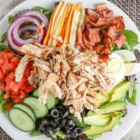 Princess Afrika’s Chicken Salad · Breast of chicken, bacon, tomato, avocado, egg, onion, cucumbers, olives and a blend of Pepp...