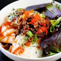 Short Rib Bowl · Korean BBQ short rib, katsu aioli, kimchi, green onions, masago, sesame seeds, fried onions.