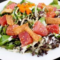Ahi Tuna Salad · Ahi tuna, spring mix, wasabi mayo, green onions, masago, seaweed salad, imitation crab salad...