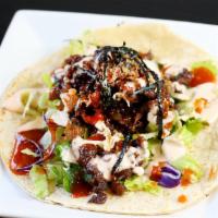 Zen Taco · Soy and Portobello mushroom patty, sesame vinaigrette lettuce, red sauce, Japanese mayo, fri...