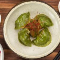 Sichuan Seafood Dumpling (5) · Poached spinach seafood dumpling in Sichuan vinaigrette