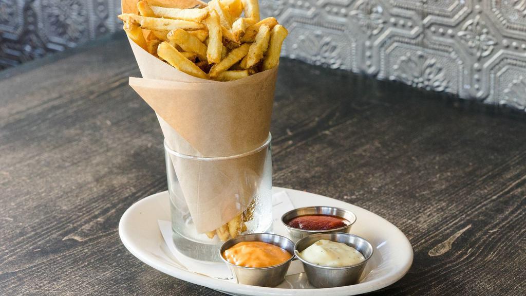 House Fries · Share-sized hand-cut kennebec potatoes, made to order with house tomato jam, rosemary, and calabrian chile aiolis. 

Vegetarian, can be made vegan, gluten free.
