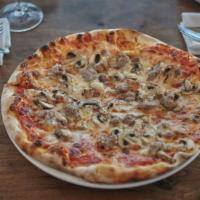 Pizza Funghi E Salsiccia · Tomato sauce, mozzarella, champignon mushrooms, and Italian sausage.