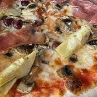 Pizza Capricciosa · Tomato sauce, mozzarella, prosciutto di Parma, mushrooms, artichokes, and olives.