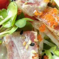 6. Seared Ahi Tuna Salad · Fresh ahi tuna and served over summer greens with wasabi ranch dressing.