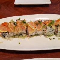 12. 49ers Roll · [Crab and avocado] salmon shiso, lemon, and masago.