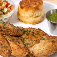 Flipped Chicken Entree · Slow-roasted rotisserie chicken, one half breast, one leg, and one thigh. Served with tomato...